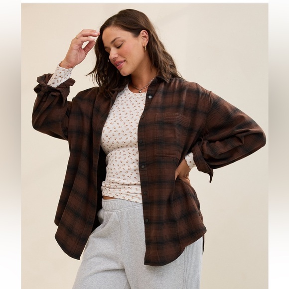 Aerie Brown Plaid Anytime Fave Flannel
Button Down Shirt , Size Large, NWT - Picture 2 of 6